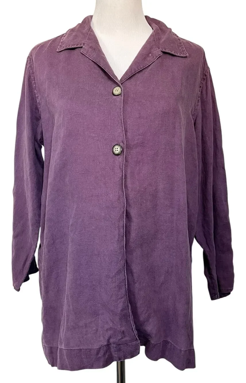 J. JILL 100% Linen Tunic Top Button Front Long Sleeve Purple Women's Sz 4 Petite